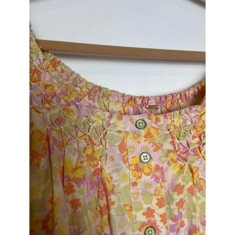 Free People Pastel Floral Off-Shoulder Button Front Top